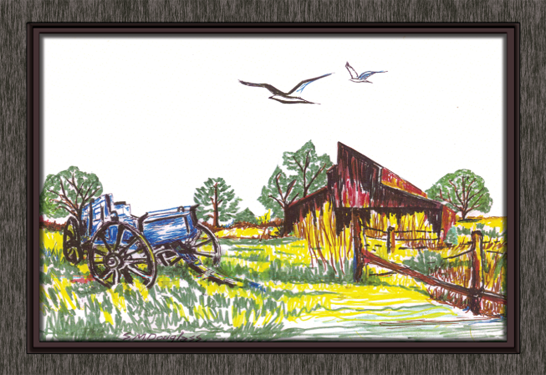 Country Barn with Wagon